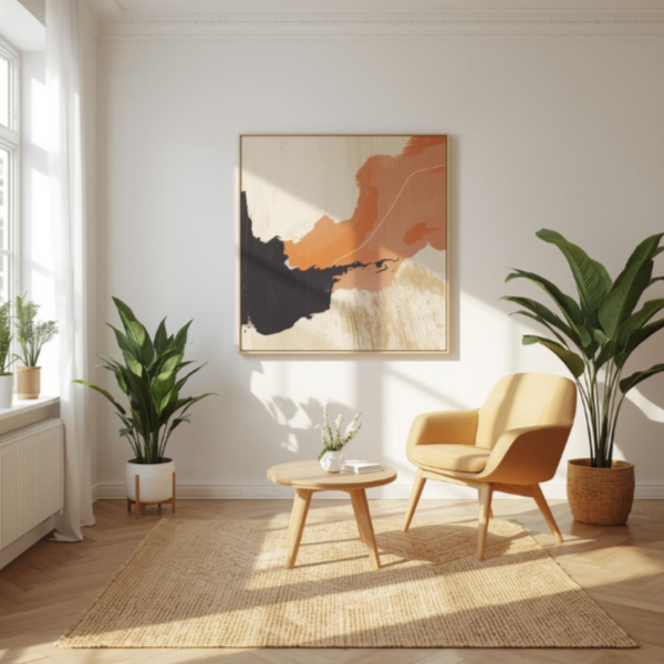 Bright living room with an abstract painting on the wall, two large potted plants on either side, a beige armchair, a small round wooden table with a small plant and a book, sunlight streaming through a window, and a textured area rug on the wooden floor.