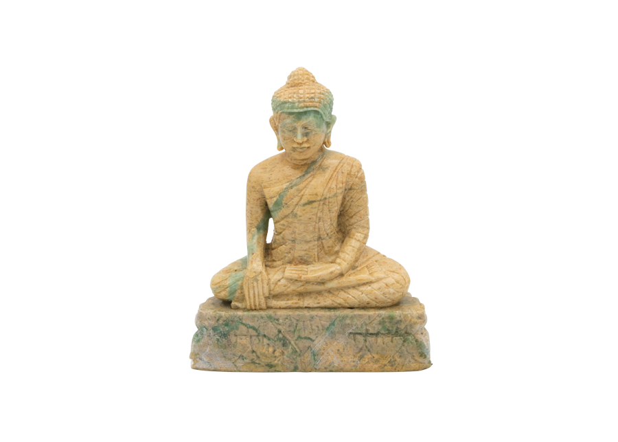 Stone sculpture of a seated figure with traditional attire and headgear, on a rectangular base.