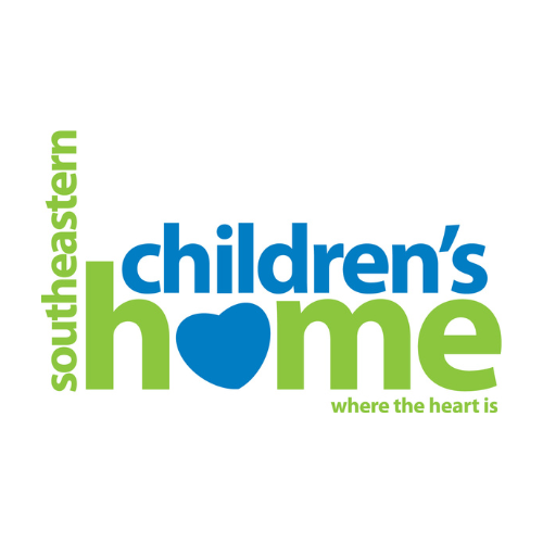 Logo for Southeastern Children's Home with the words 'southeastern children's home where the heart is' in blue and green, incorporating a heart symbol in place of the letter 'o' in 'home'.