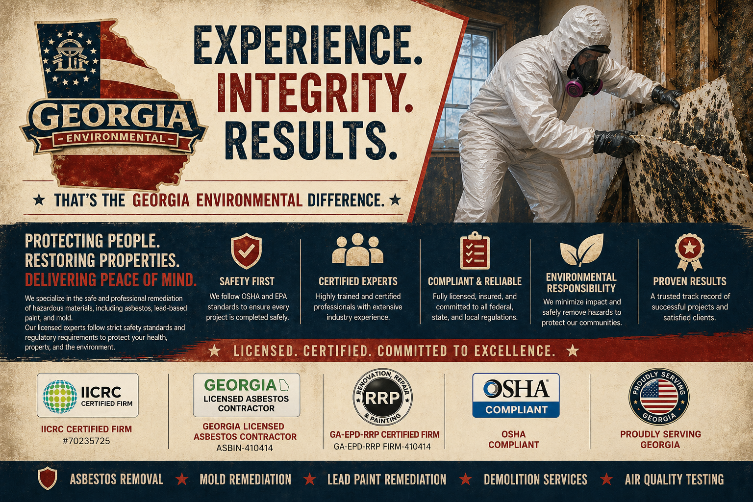A flyer for Georgia Environmental services featuring a person in protective gear removing mold from a wall, with text highlighting safety standards, certified expertise, environmental responsibility, proven results, and Georgia licensing and certifications.
