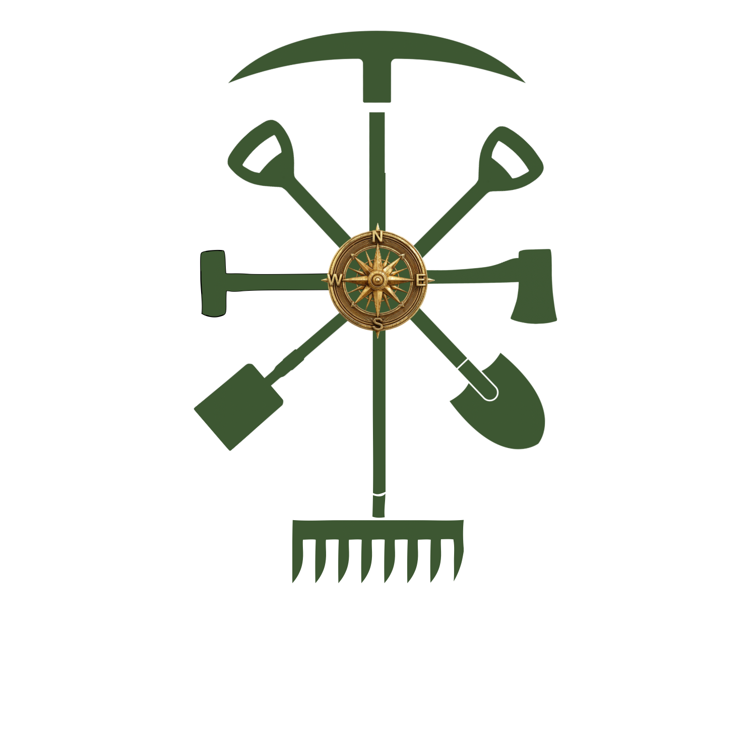 A logo with a central golden compass surrounded by green gardening tools including a shovel, rake, hoe, and pitchfork, arranged in a circular pattern.