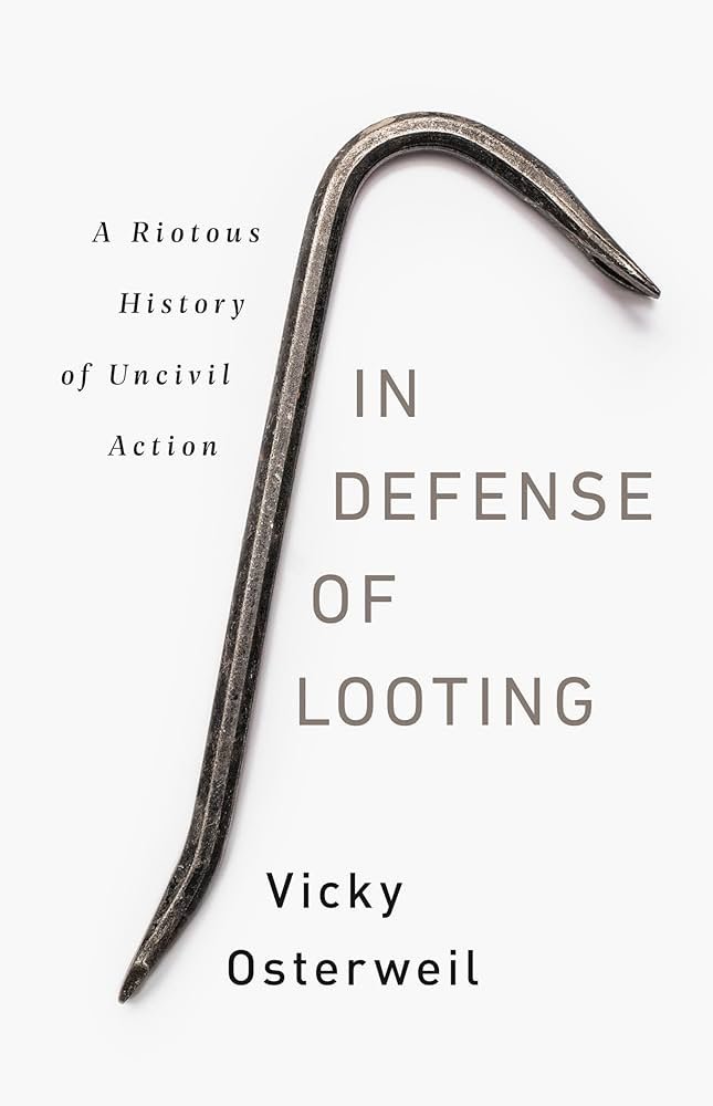 Book cover titled 'In Defense of Looting' by Vicky Osterweil, featuring a close-up of a metal crowbar.