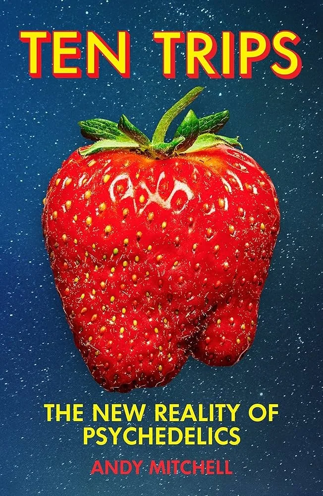 Book cover titled 'Ten Trips' featuring a large strawberry against a starry night sky, with the subtitle 'The New Reality of Psychedelics' and author 'Andy Mitchell'.