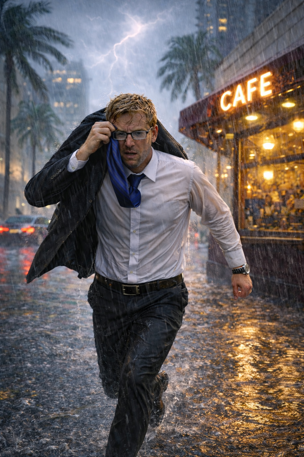 A man in business attire running through a heavy rainstorm on a city street at night, holding his jacket over his shoulder and adjusting his glasses, with a lit cafe sign in the background.