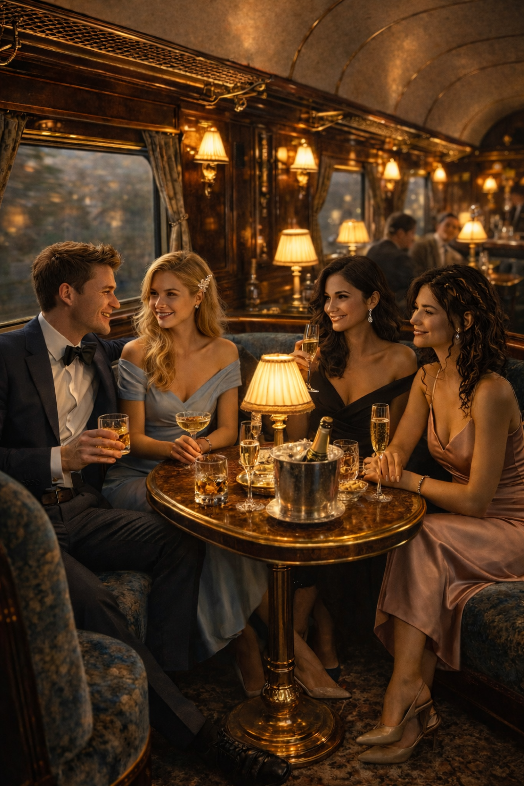 A group of five young adults, two men and three women, dressed in formal attire, are sitting around a wooden table in a luxurious train dining car, enjoying drinks and conversation. The setting is warm and elegant with soft lighting and decorative curtains.
