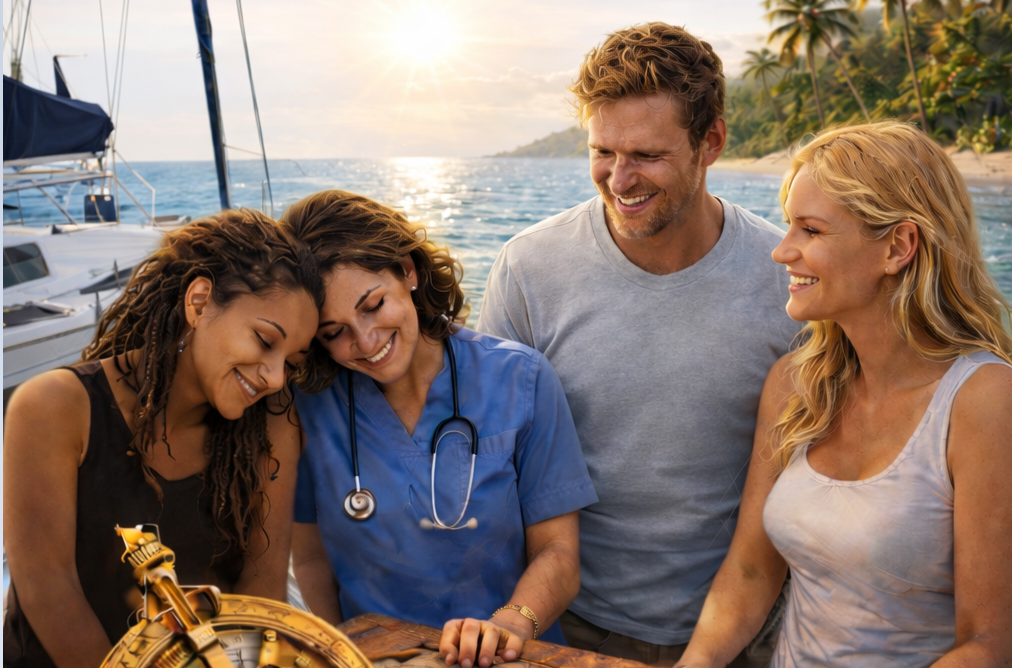Group of four smiling people, including a nurse with a stethoscope, gathered on a boat dock at sunset, with a sailboat and tropical beach in the background.