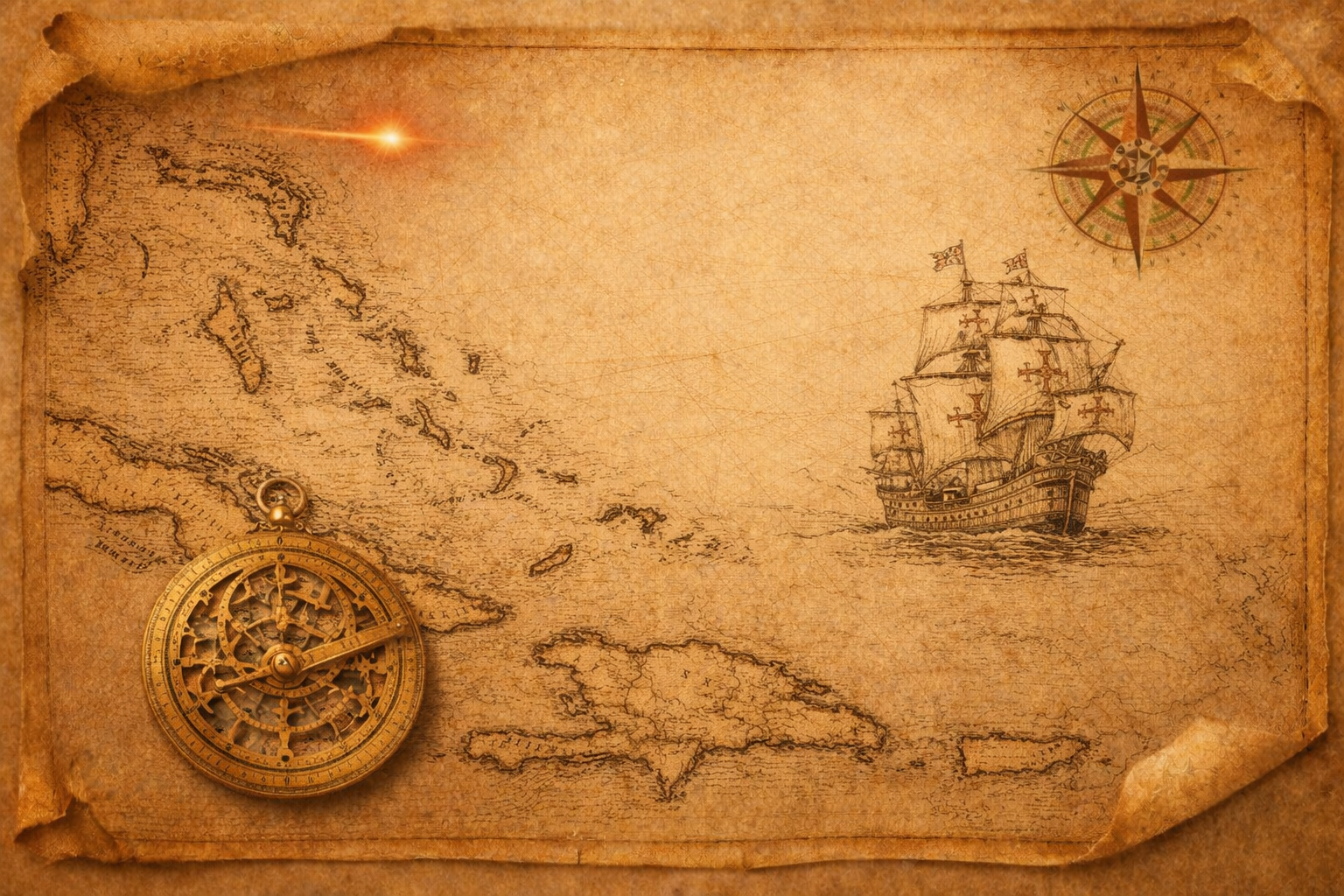 An antique map of the Caribbean and Central America with a vintage compass and a sailing ship illustration.