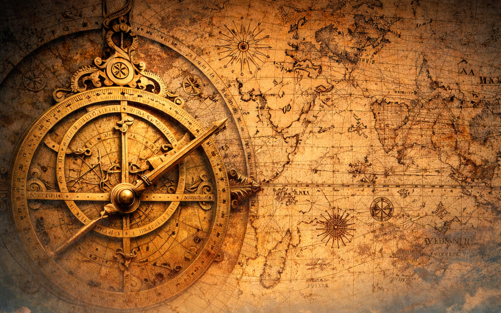An antique nautical compass overlaying a vintage world map.