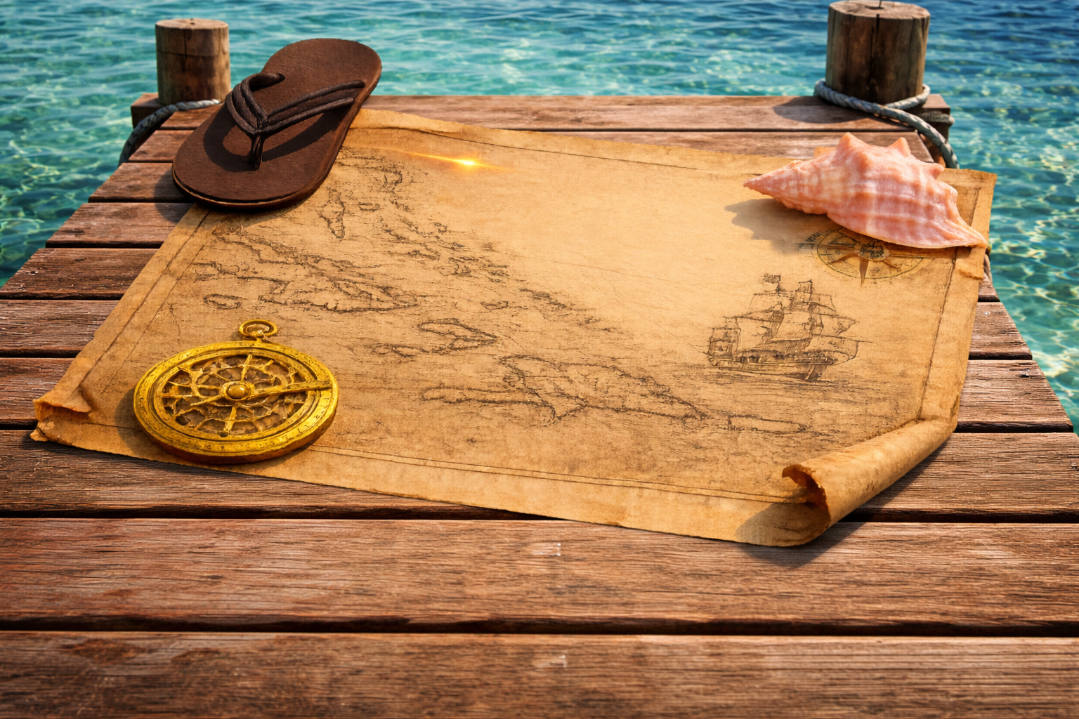 A weathered map on a wooden dock with a seashell, a golden compass, and a flip-flop sandal, overlooking clear blue water.