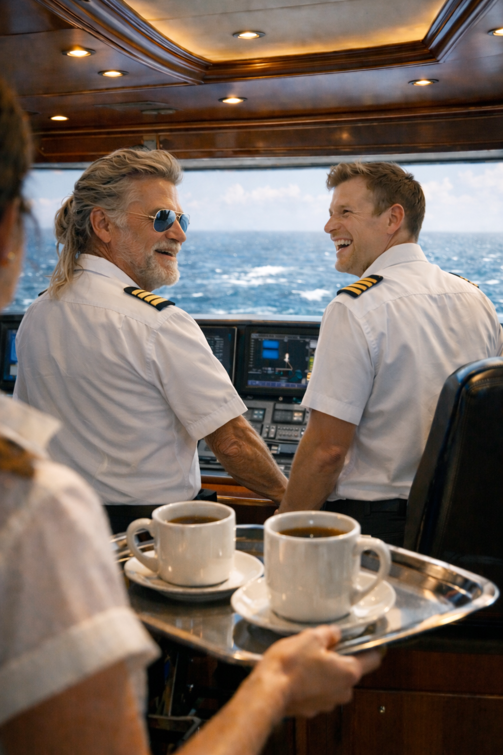 Two male ship crew members in uniform laughing and talking on the bridge of a ship, with an ocean view in the background. A woman in the foreground holds a tray with two cups of coffee.