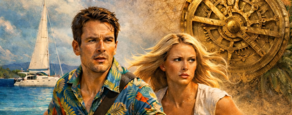 A man and a woman with serious expressions, with a background featuring a sailing boat on water, a large clock, and tropical plants.