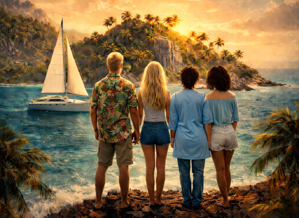 Four people with their backs to the camera standing on a rocky shoreline, facing a tropical ocean with a sailboat and island in the background during sunset.