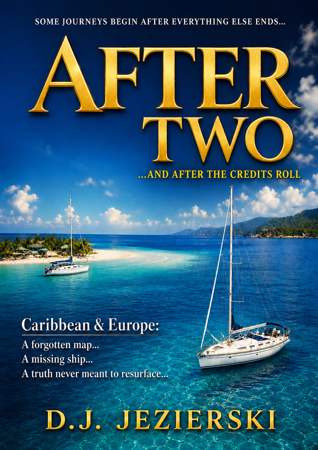 Book cover titled "After Two" by D.J. Jezierski, featuring a tropical scene with sailboats on clear blue water, a sandy beach with palm trees, and distant islands under a partly cloudy sky.