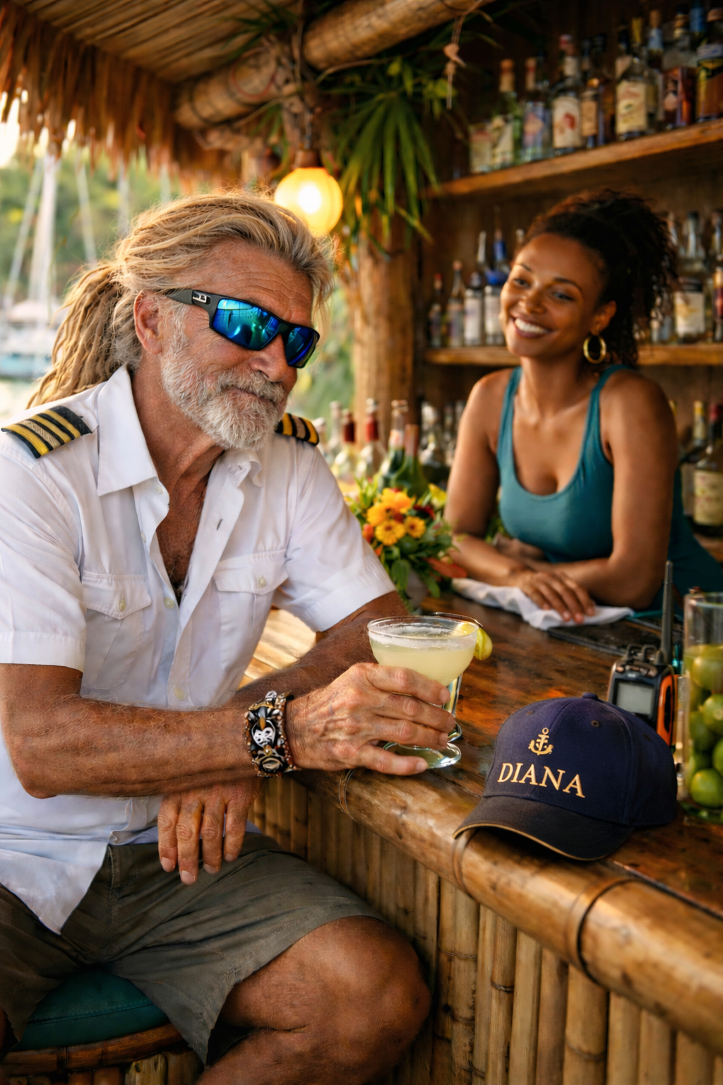 A man with dreadlocks and sunglasses holds a cocktail at a tropical-themed bar while a woman smiling behind the bar watches him. The bar has bottles and a plant hanging from the roof.