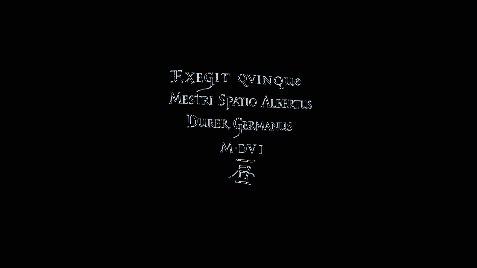 Latin inscription on black background with decorative elements.