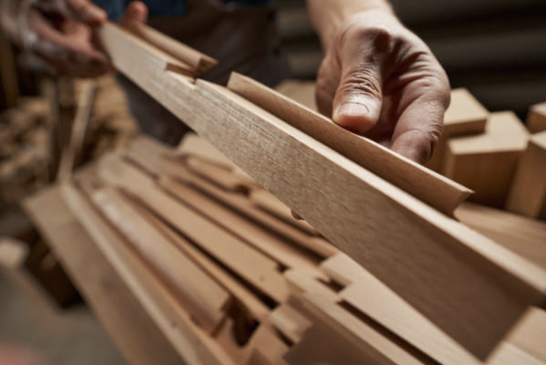 Close-up of a person's hand inspecting a piece of wood in a woodworking shop with stacks of wood around.