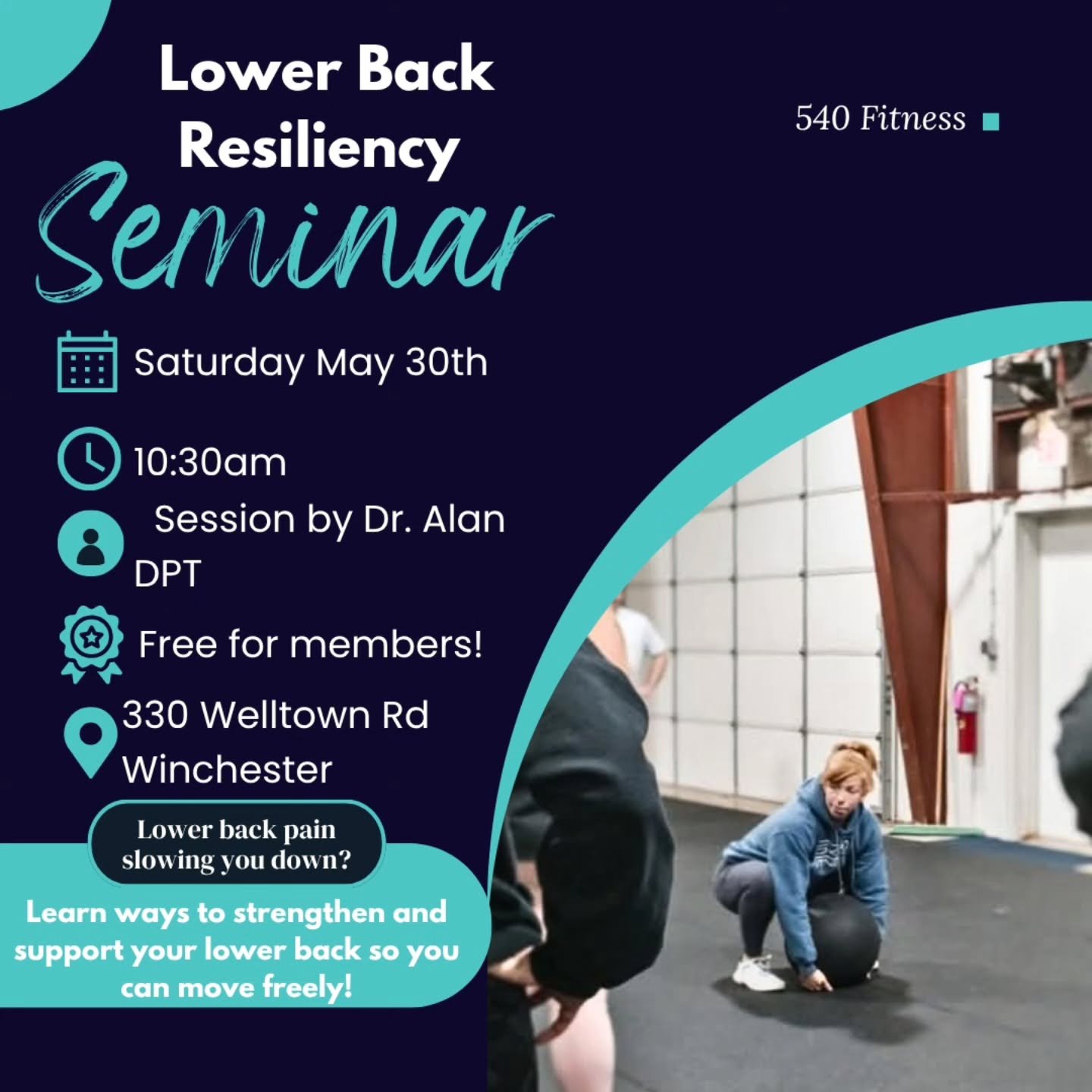 Saturday May 30th at 540 Fitness, I'm hosting a free seminar on low back resilience &mdash; not just how to get out of pain, but how to build a back and core that holds up under load, under life, and under everything you're asking it to do!

We'll co