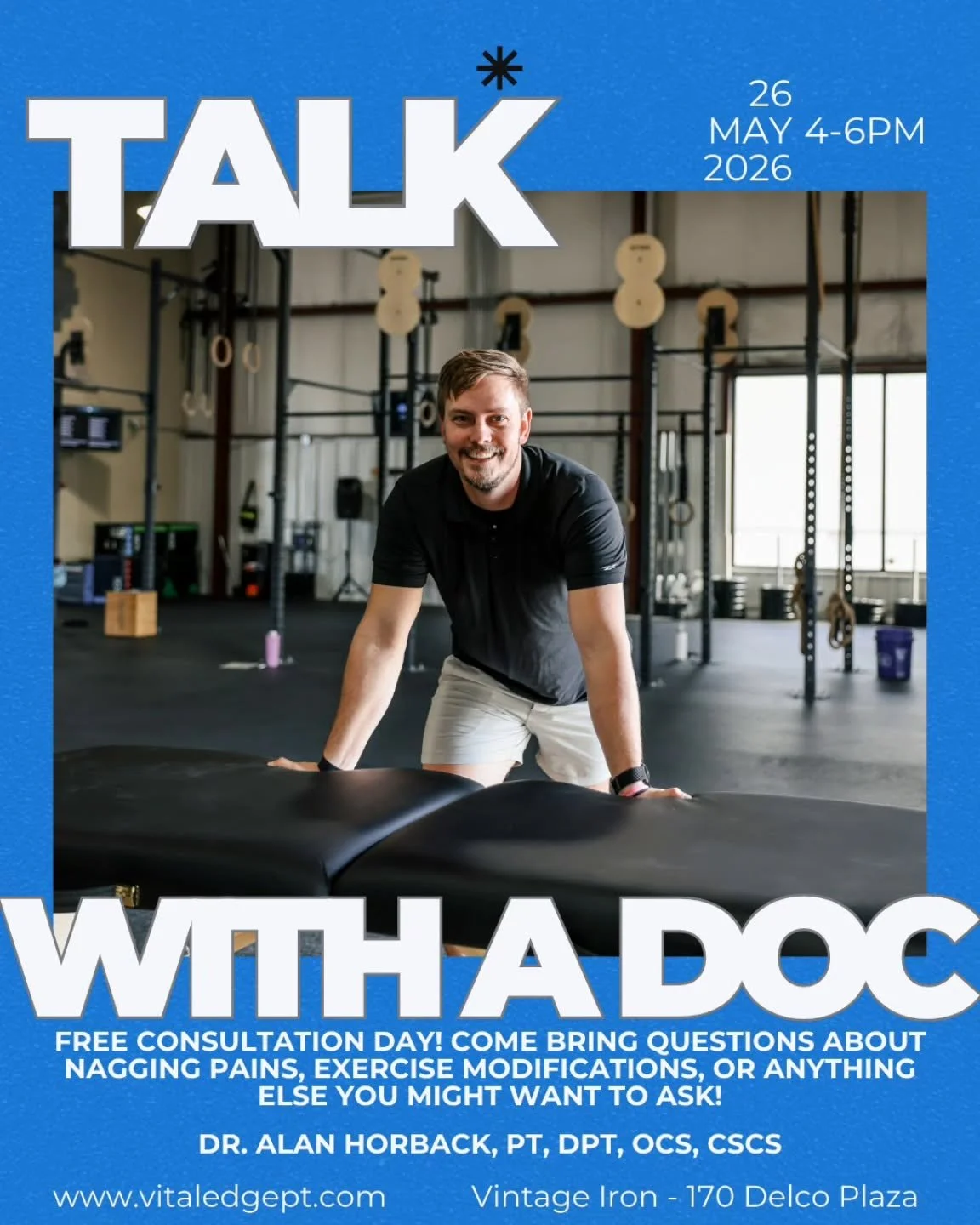 Save the date! Tueaday May 26th from 4-6pm!

I am hosting a free consultation day where I am at Vintage Iron to answer any questions ranging from "is this pain normal?" To "what can I do to support my goals?" 

Come say hi!