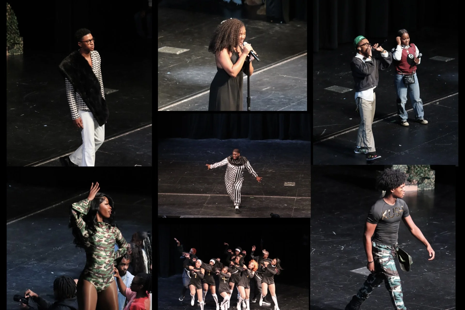 Collage of children and teens performing on stage in various outfits and poses, including singing, dancing, and acting.