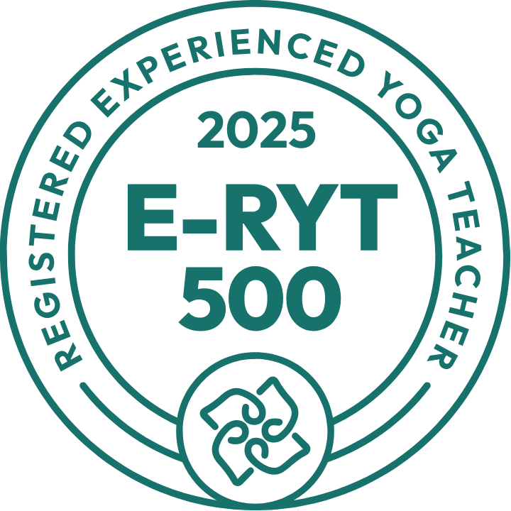 A circular badge with a teal outline and text, indicating registration for the 2025 E-RYT 500 yoga teacher certification.