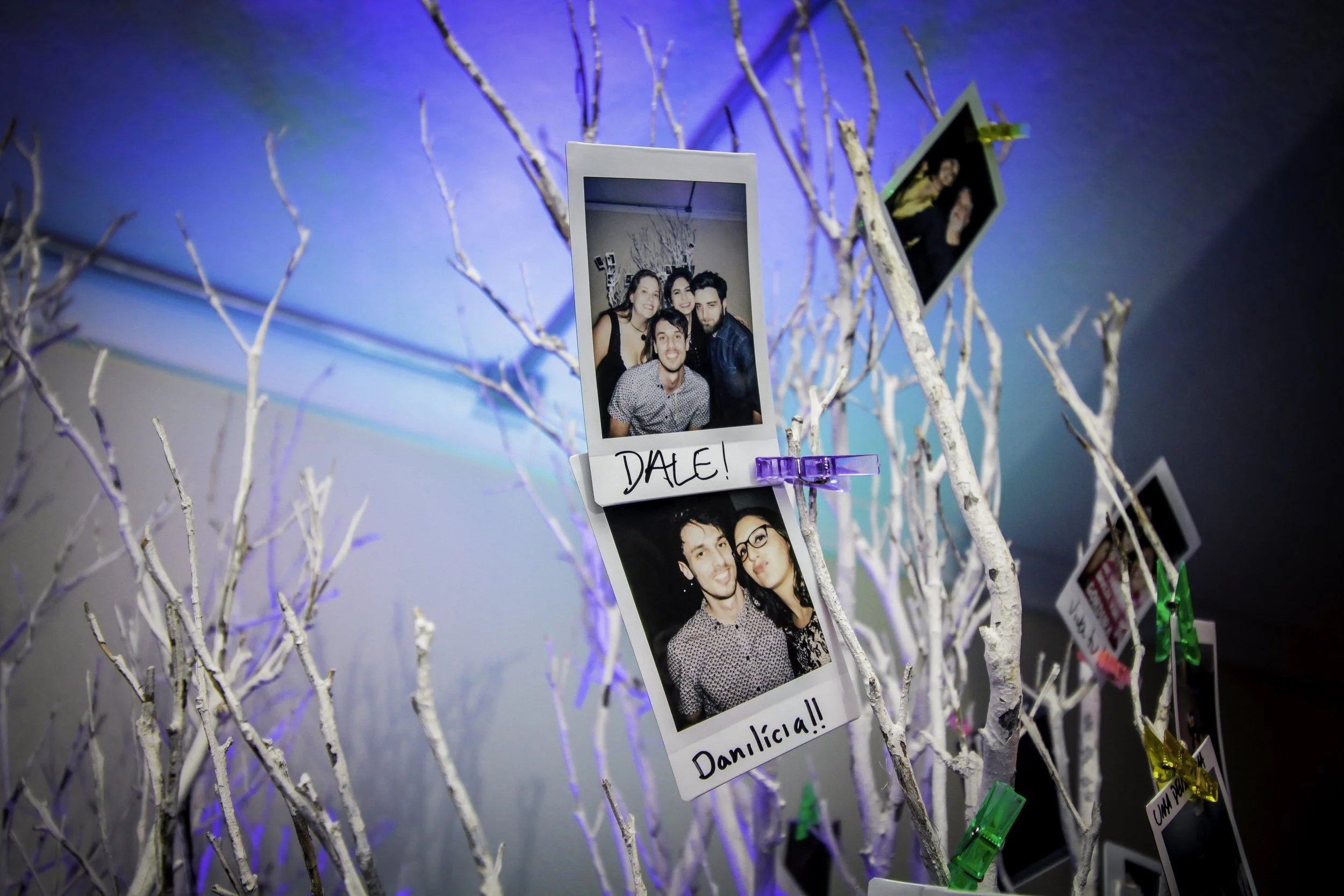Árvore decorada com fotos em estilo Polaroid, uma delas com a mensagem 'Dale! Danlica!!', em um evento com iluminação azul