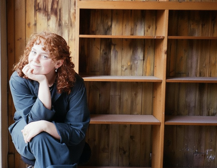 A woman with curly red hair sitting on a chair with her knees up and resting her chin on her hand, in front of wooden shelves.