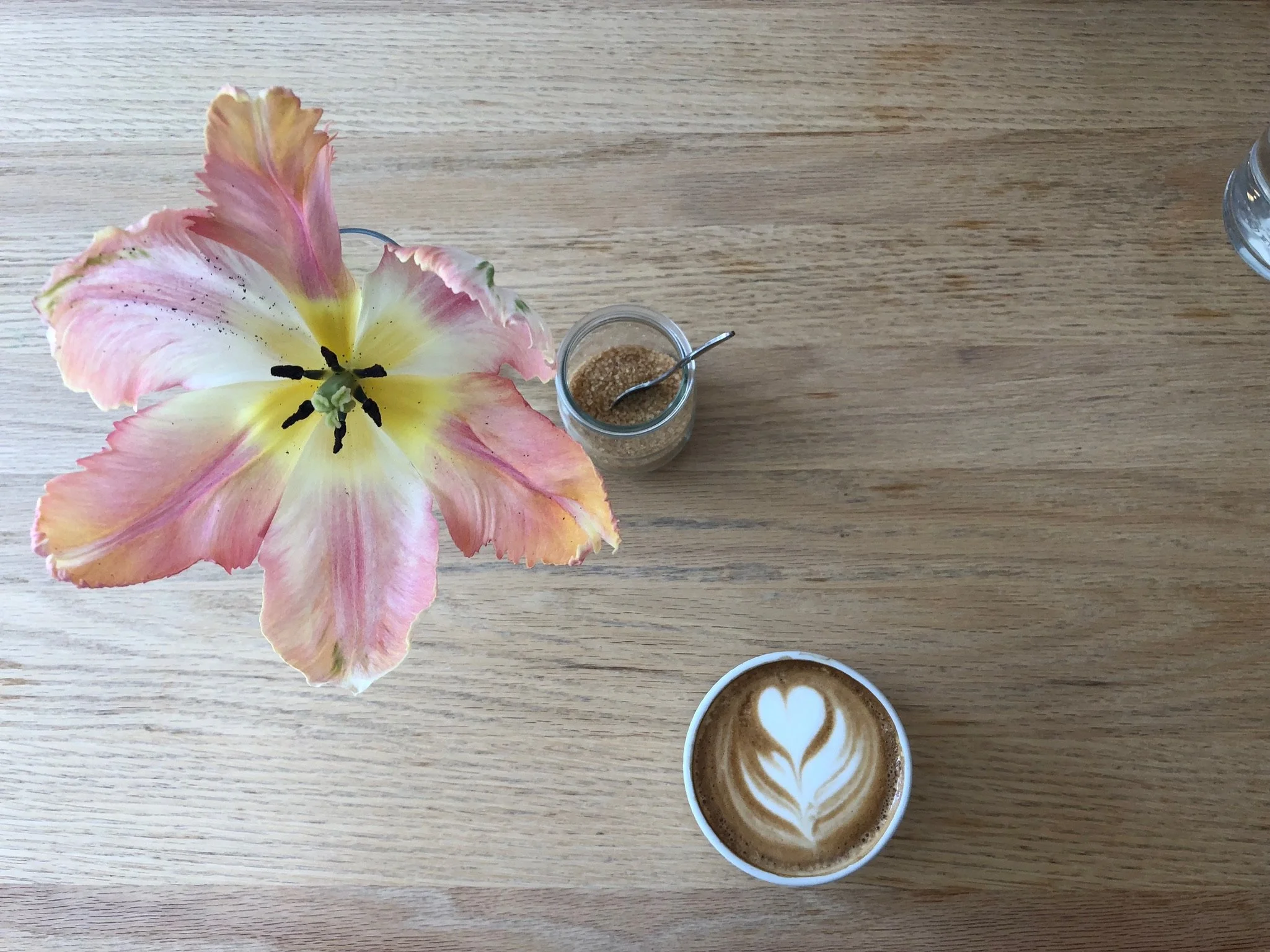 Pink and cream lily flower in a glass vase, a small jar of brown sugar with a spoon, and a cup of latte with heart-shaped foam art on a wooden table.