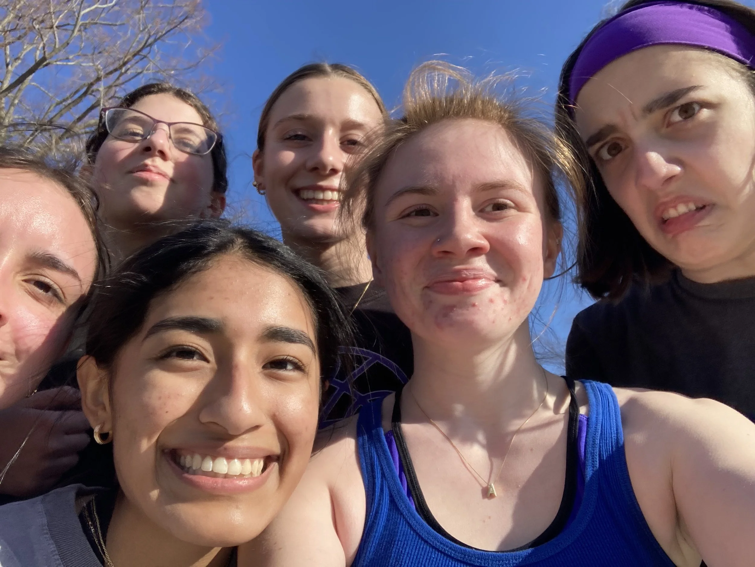 Group of seven women taking a selfie outdoors against a clear blue sky, some smiling, one with a purple headband, and others with various facial expressions.