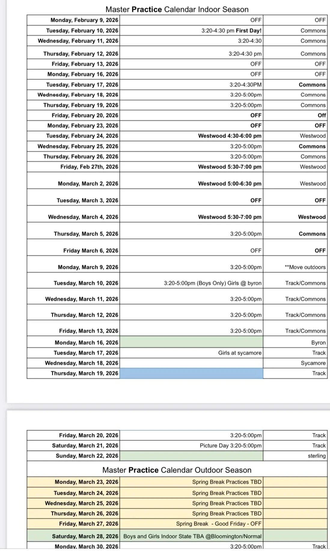 A calendar schedule for indoor and outdoor practice sessions from February to March 2026. It lists dates, times, and activity details including off days, practice times, and special events like First Day, Westwood, Sycamore, and spring break practices.