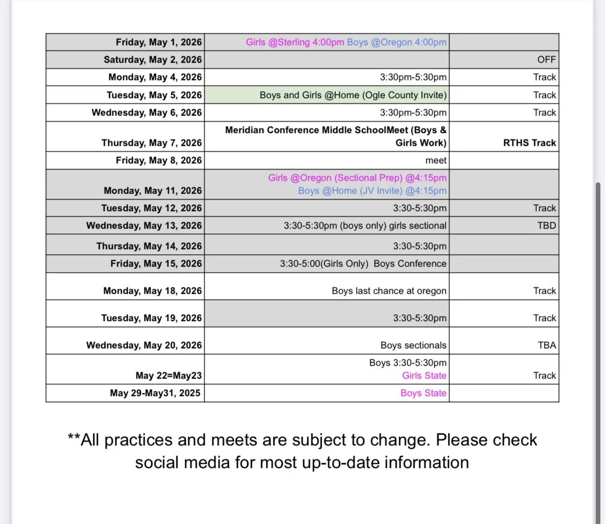School schedule for May 2026, detailing dates, times, activities, and notes for boys and girls sports, meets, and conferences, including specific times for girls and boys practices and regional competitions. Additional notes about practice changes and social media updates.
