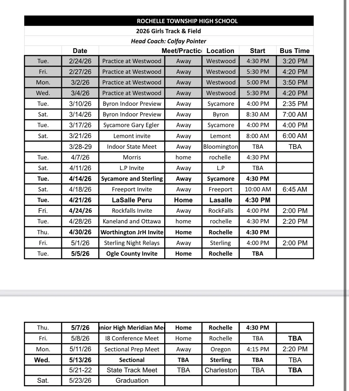 High school girls track and field schedule with dates, practice locations, meet locations, start times, and bus times.