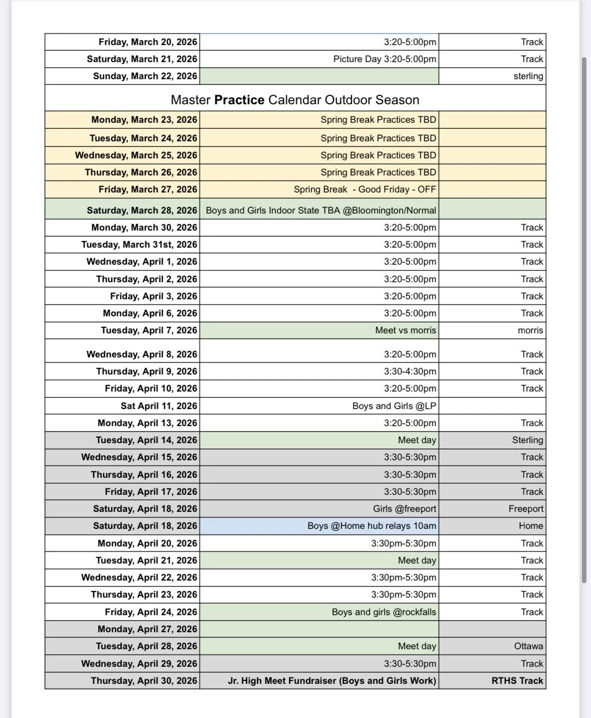 A detailed athletic practice and competition calendar for March and April 2026, listing dates, times, events, and locations for track and field activities.