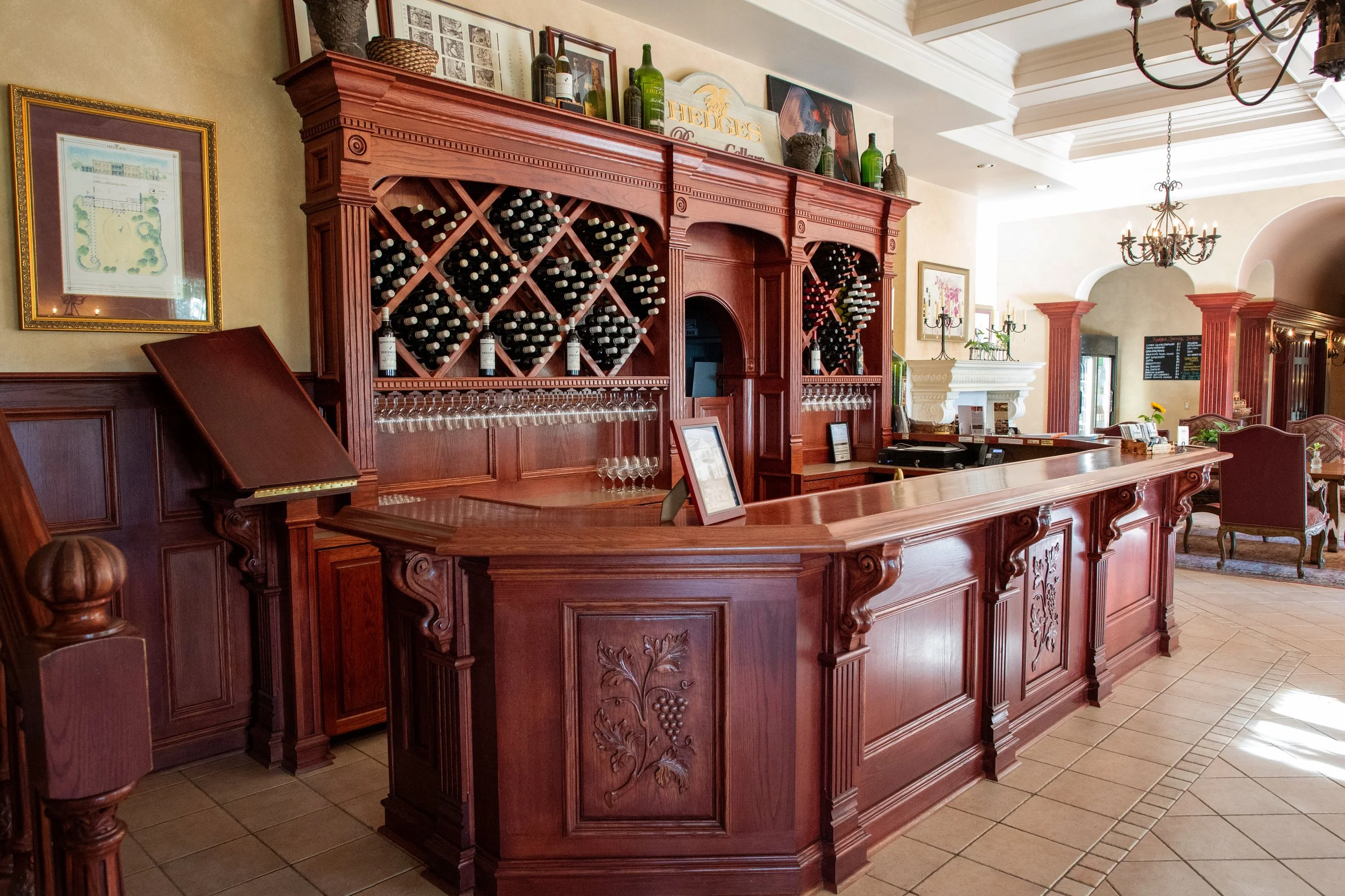 beautiful wood bar and wine racks tasting room