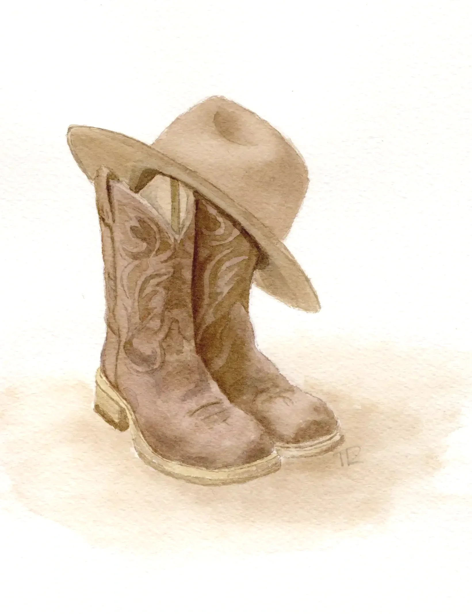 Watercolor painting of a pair of brown cowboy boots with decorative stitching, topped with a wide-brimmed tan hat, all set against a neutral background.