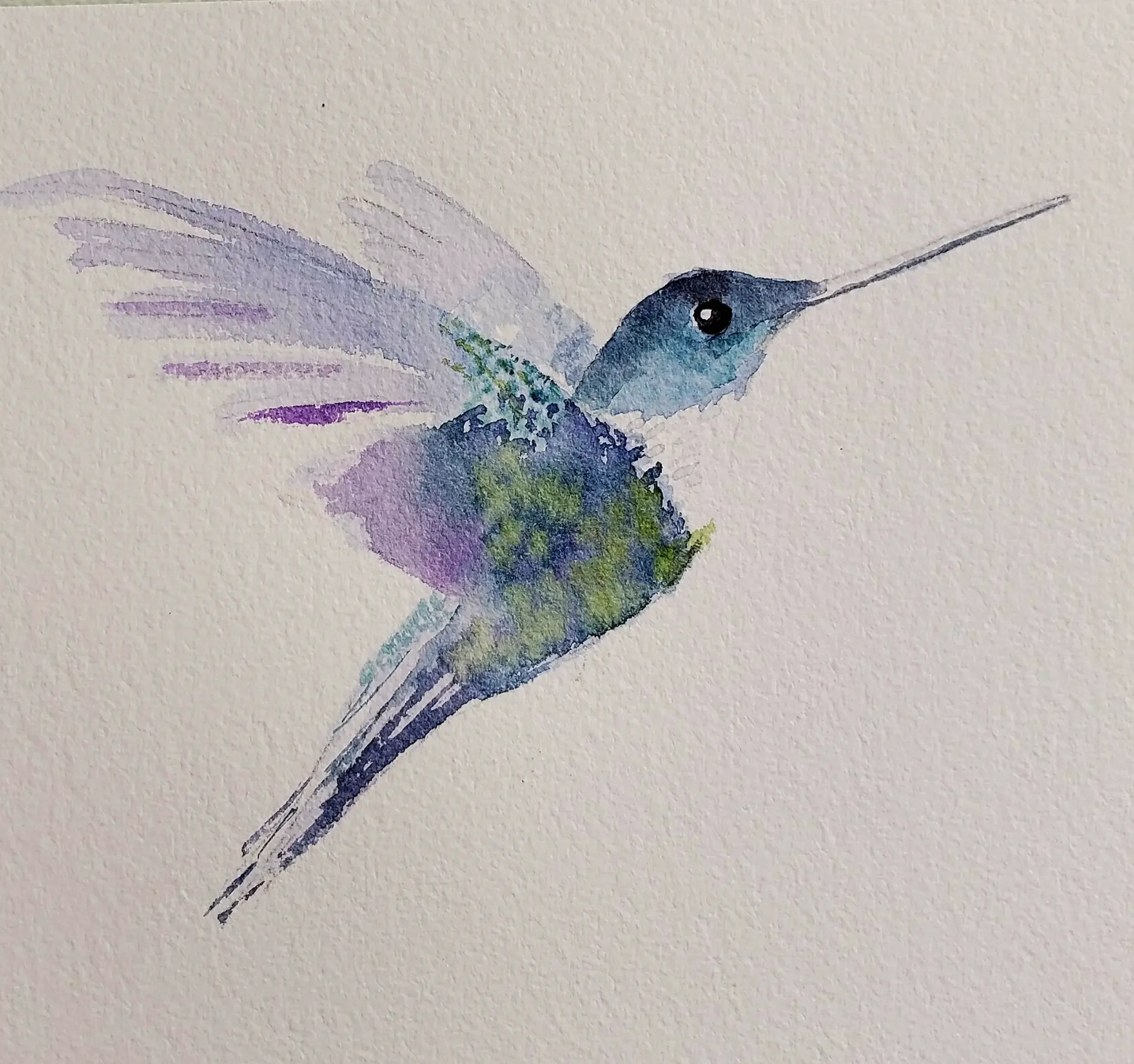 Watercolor painting of a hummingbird with blue and green feathers, perched with wings slightly open.