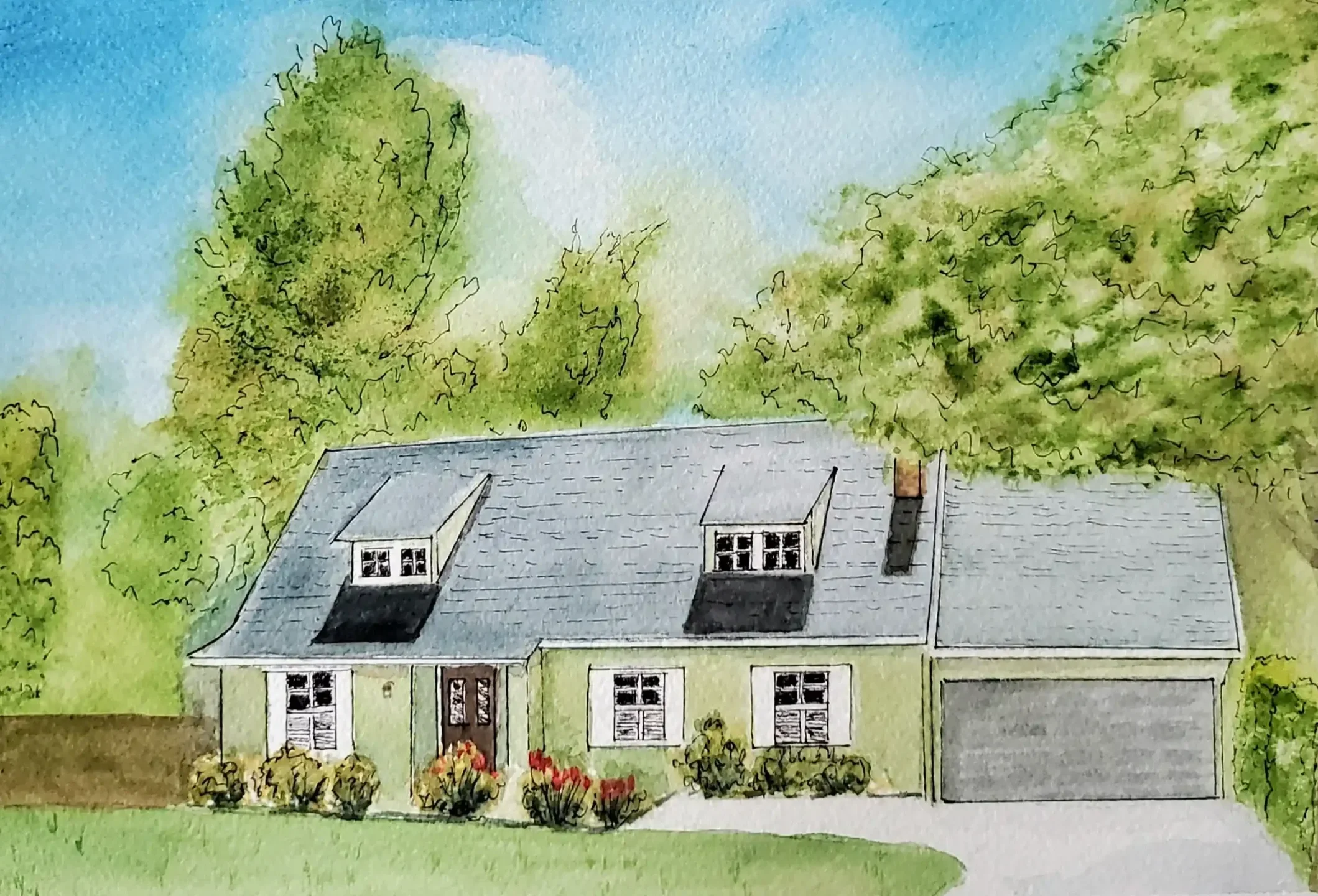 A watercolor painting of a house with a gray roof, white window shutters, and a front yard with bushes and flowers, surrounded by green trees and a blue sky.