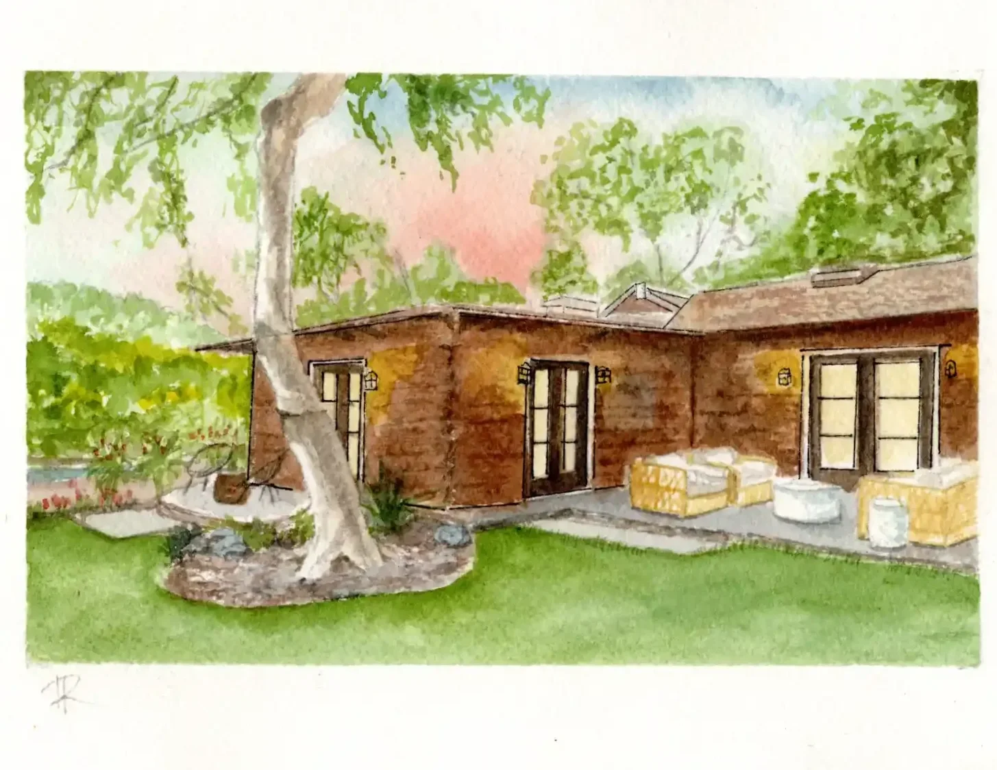 Watercolor painting of a brick house with a patio, doors, and outdoor furniture, surrounded by green trees and grass.