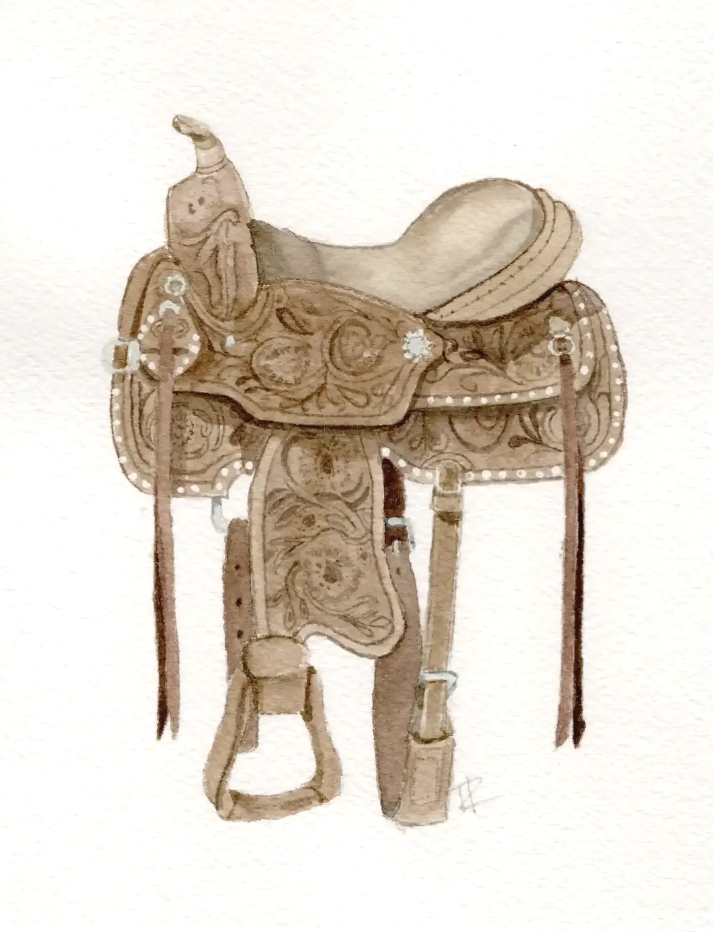 Watercolor painting of a western saddle with intricate floral and scroll designs.