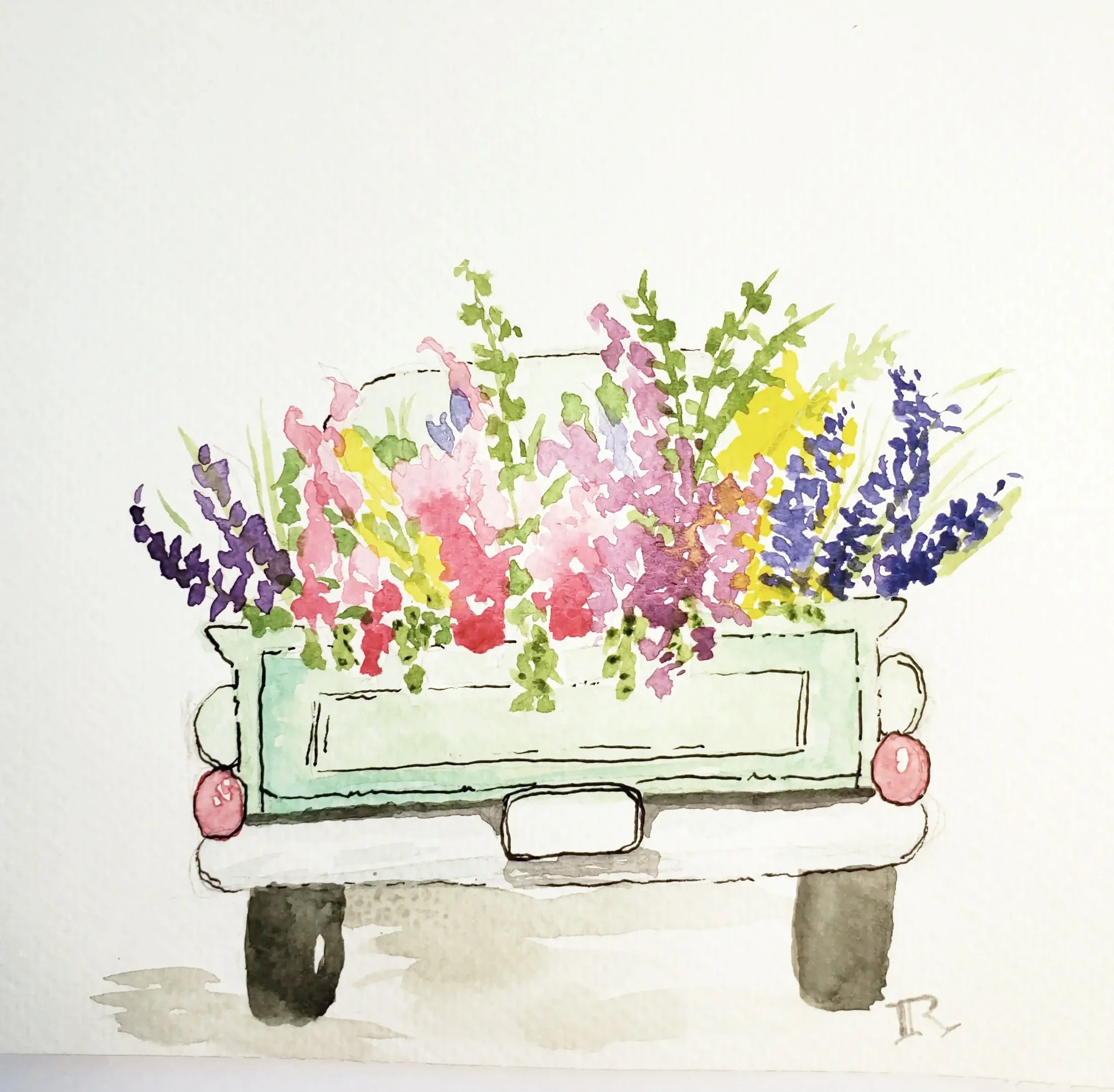 Watercolor Old-Fashioned Truck with Flowers
