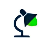 A stylized icon of a microscope with a green element on the lens.