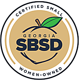 Circular badge with a peach icon and green leaf, featuring the text "Certified Small Georgia SSBD Women-Owned".