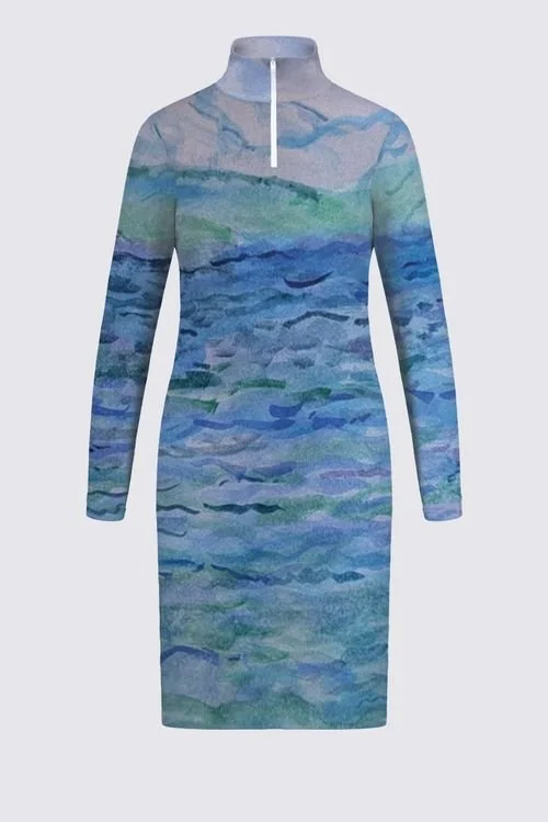 Long-sleeve dress with an abstract watercolor ocean and sky design in shades of blue, green, and purple.