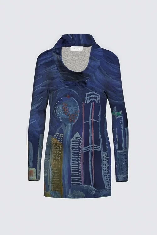 Dress with a painted city skyline design featuring skyscrapers and a Ferris wheel in blue and gray tones.