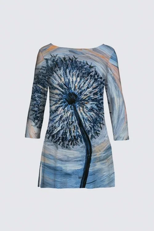 A dress with a dandelion flower design in shades of blue, white, and beige, featuring long sleeves and a round neckline.