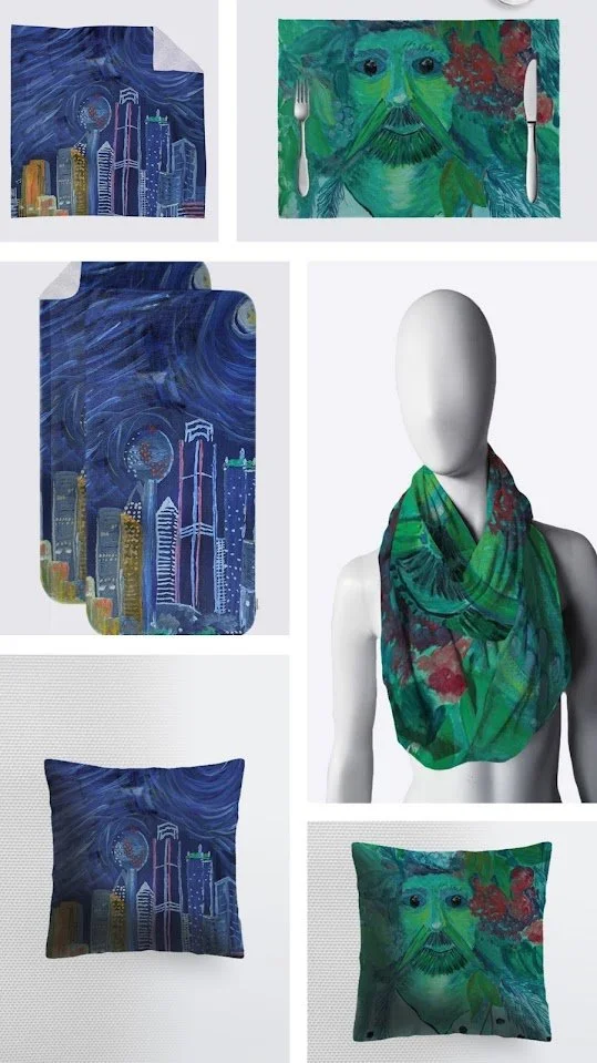 Collage of items featuring a cityscape and portrait of Vincent van Gogh. Includes a pillow, scarf, and artwork, with city skyline and swirling night sky motifs.