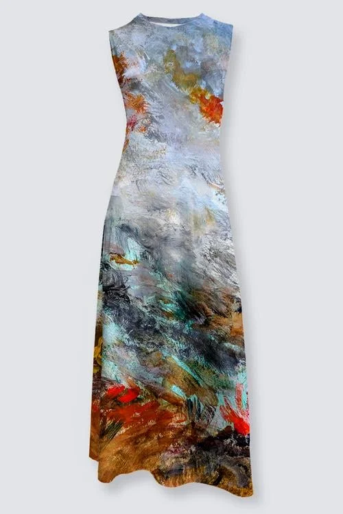 Long sleeveless dress with an abstract, colorful paintbrush stroke pattern.