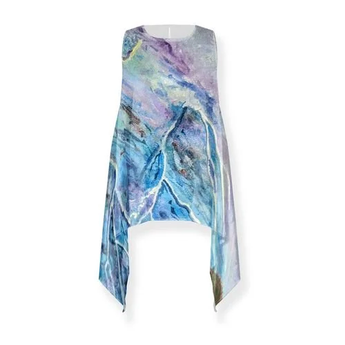 Colorful abstract sleeveless dress with a high-low hemline.