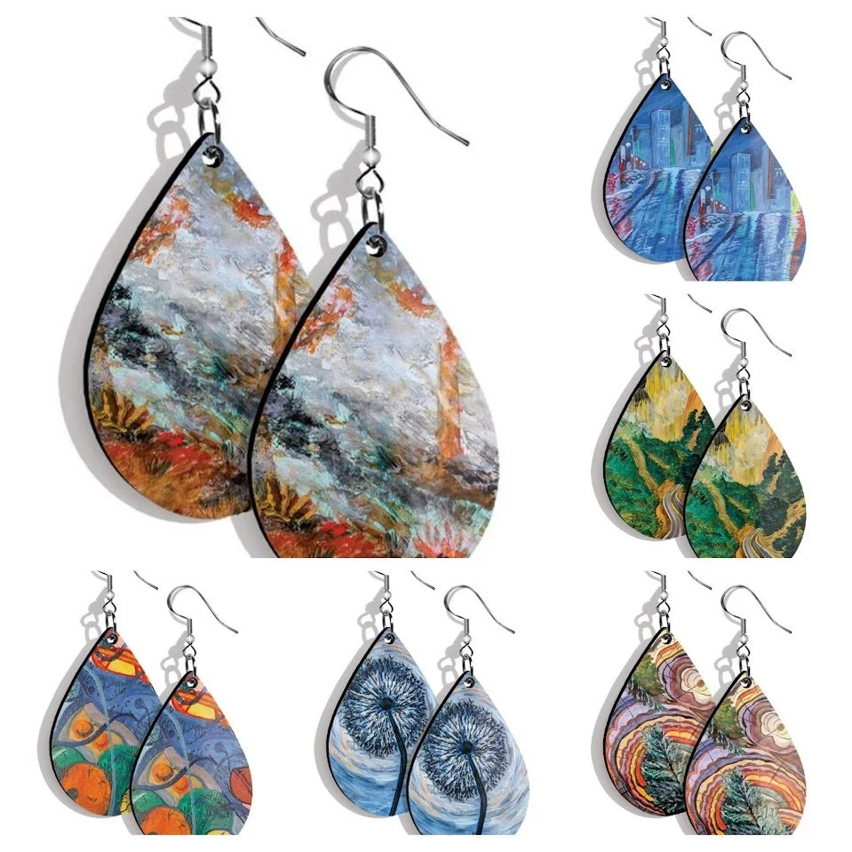 Collection of six pairs of painted teardrop-shaped earrings, each with different colorful landscape and abstract designs.