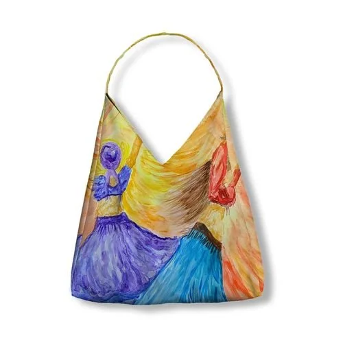 Colorful handbag with painted design of two women in flowing skirts and head coverings, set against a vibrant abstract background.