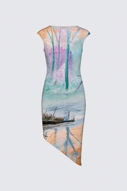 A sleeveless dress with a landscape painting design featuring trees, water, and a shoreline.